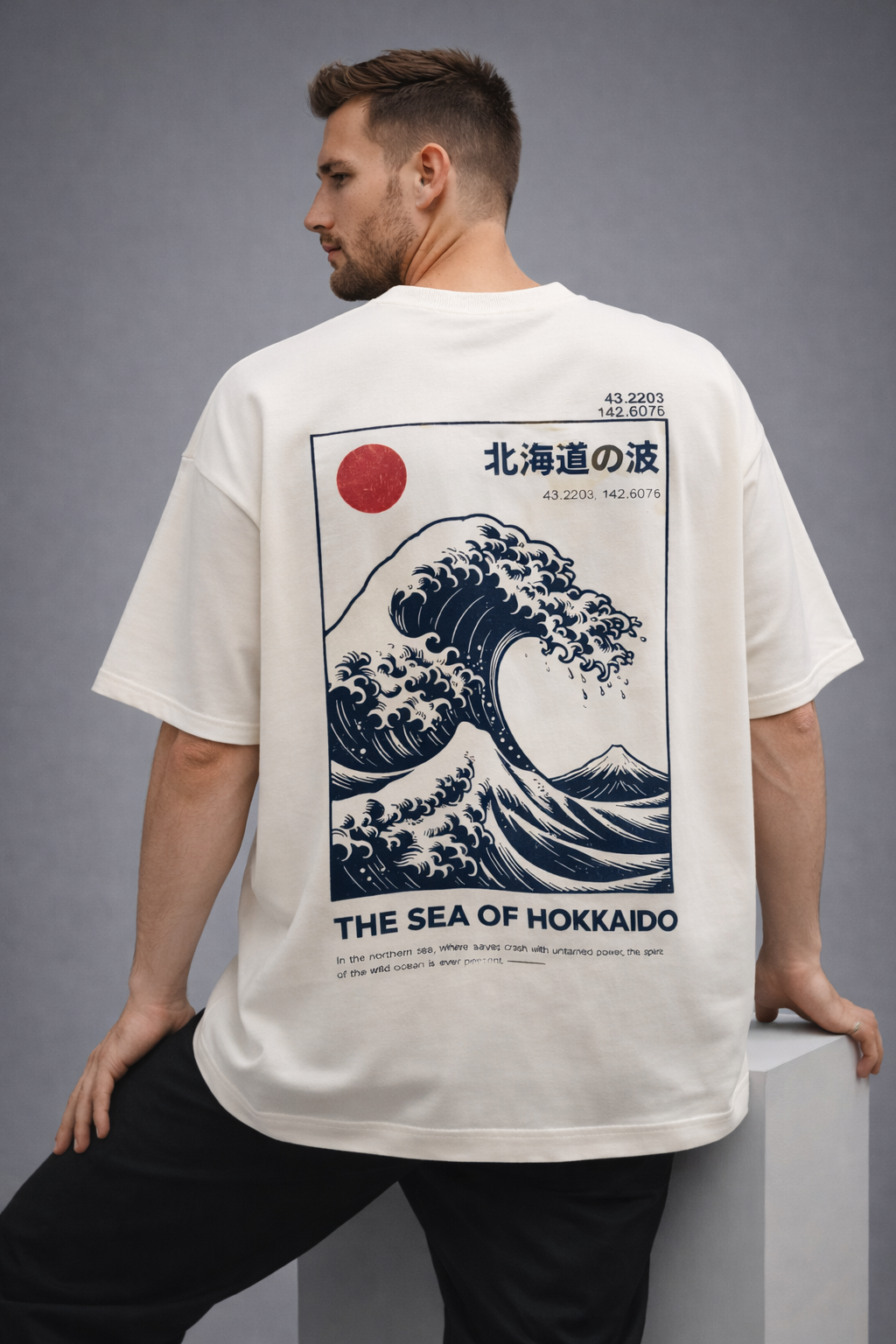 Oversized Hokkaido Wave Back Print T-Shirt – Premium Streetwear Drop Shoulder Tee (Off White)