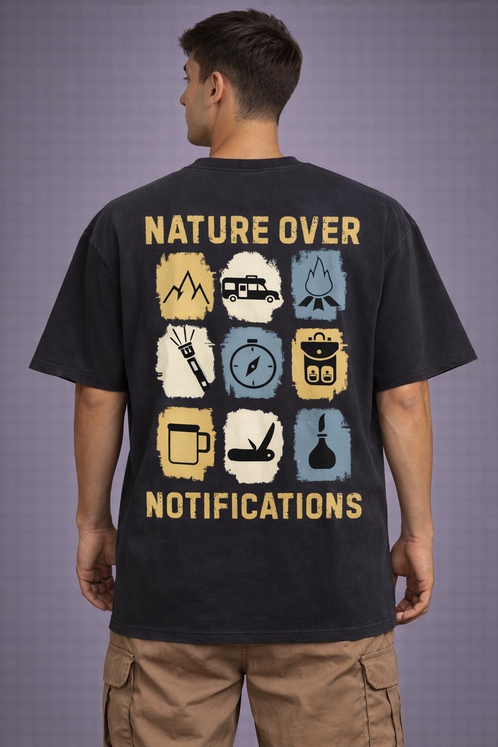 Men's Oversized Charcoal Nature Over Notifications Graphic T-shirt