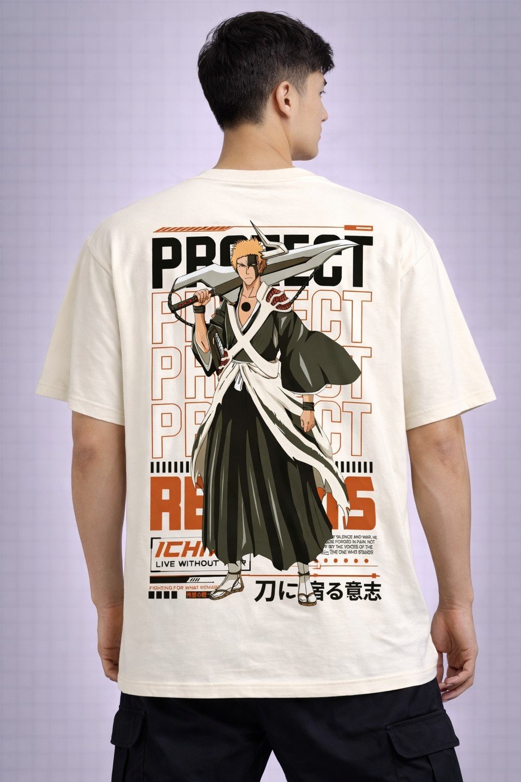 Men's Oversized Off-White Anime Protect Rebels Graphic T-shirt