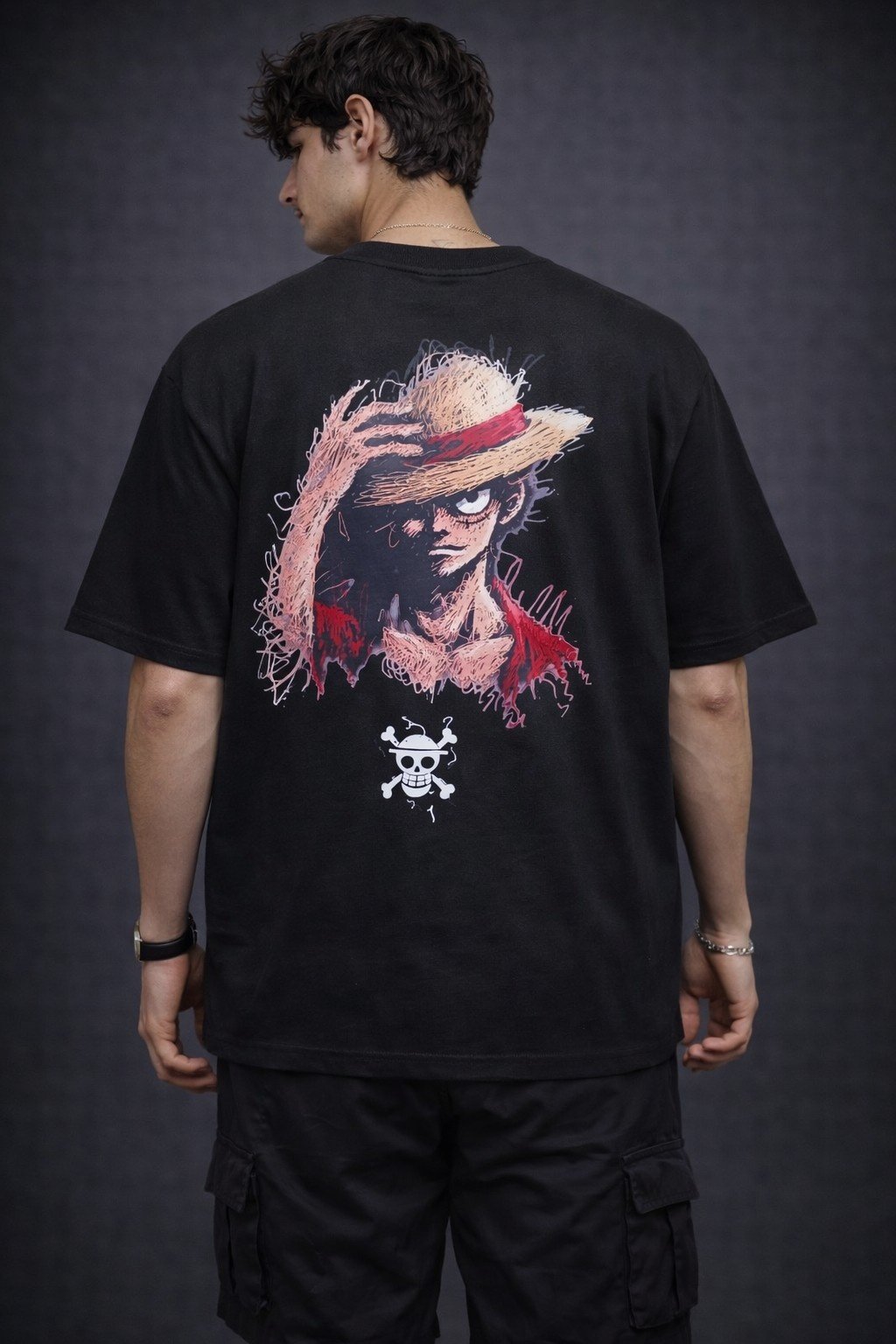 Men's Oversized Pirate Skull Anime Graphic T-Shirt