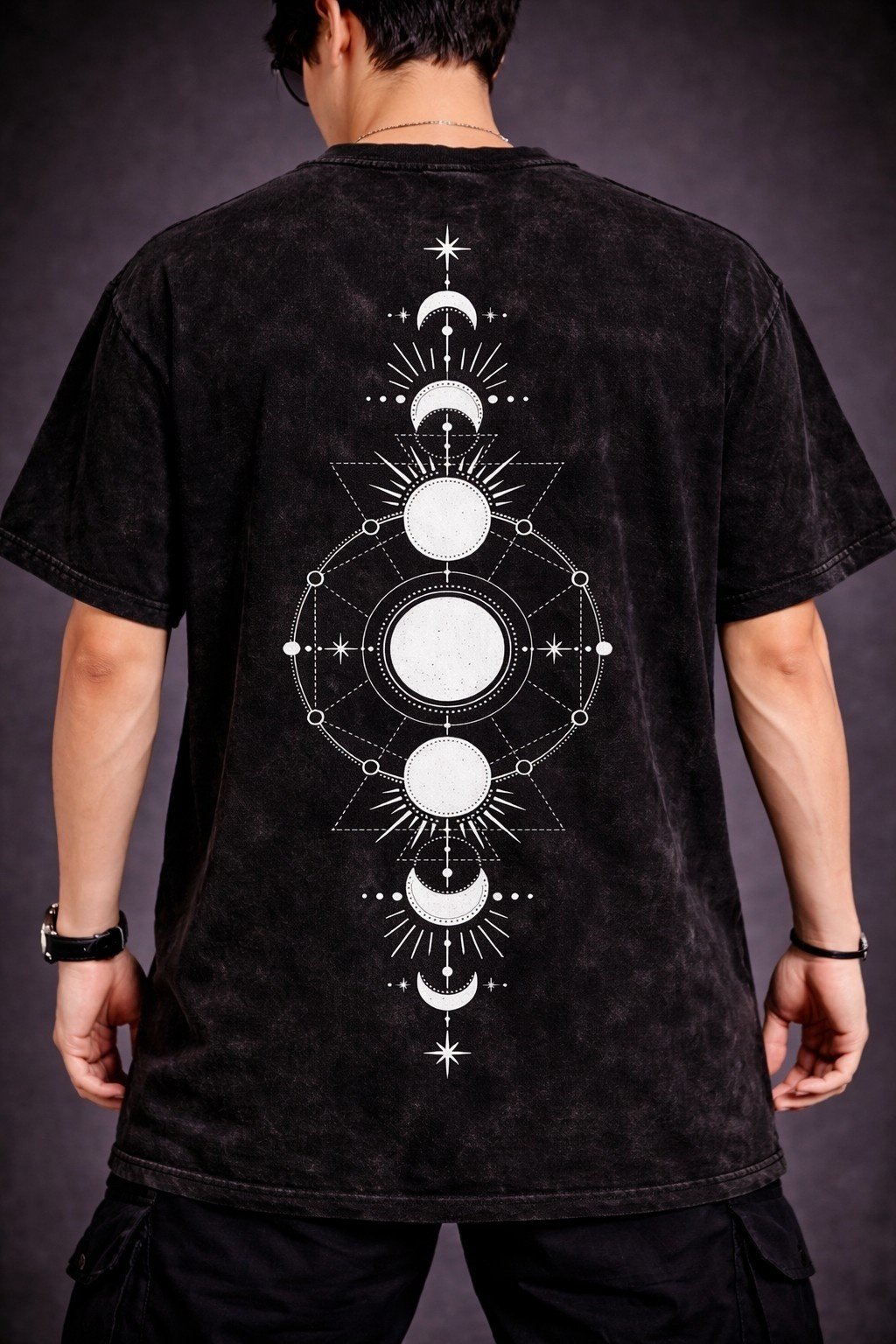 Men's Oversized Black Acid Wash Celestial Geometry Graphic T-shirt