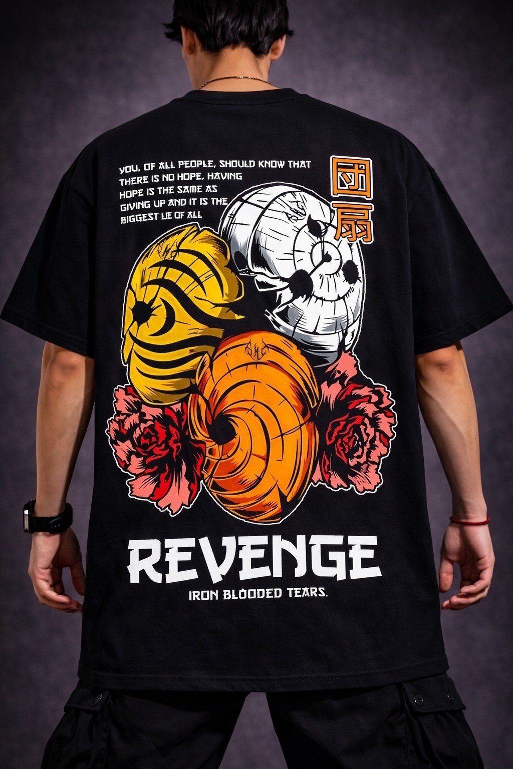 Men's Oversized Black Revenge Graphic Anime T-shirt