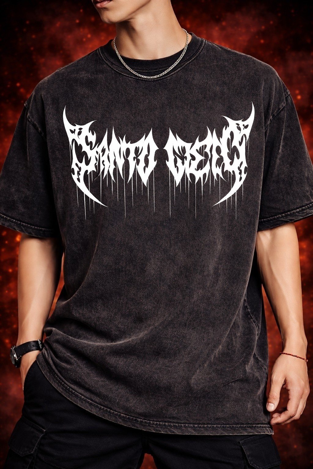 Men's Oversized Black Acid Wash Dark Gothic Logo Graphic T-shirt