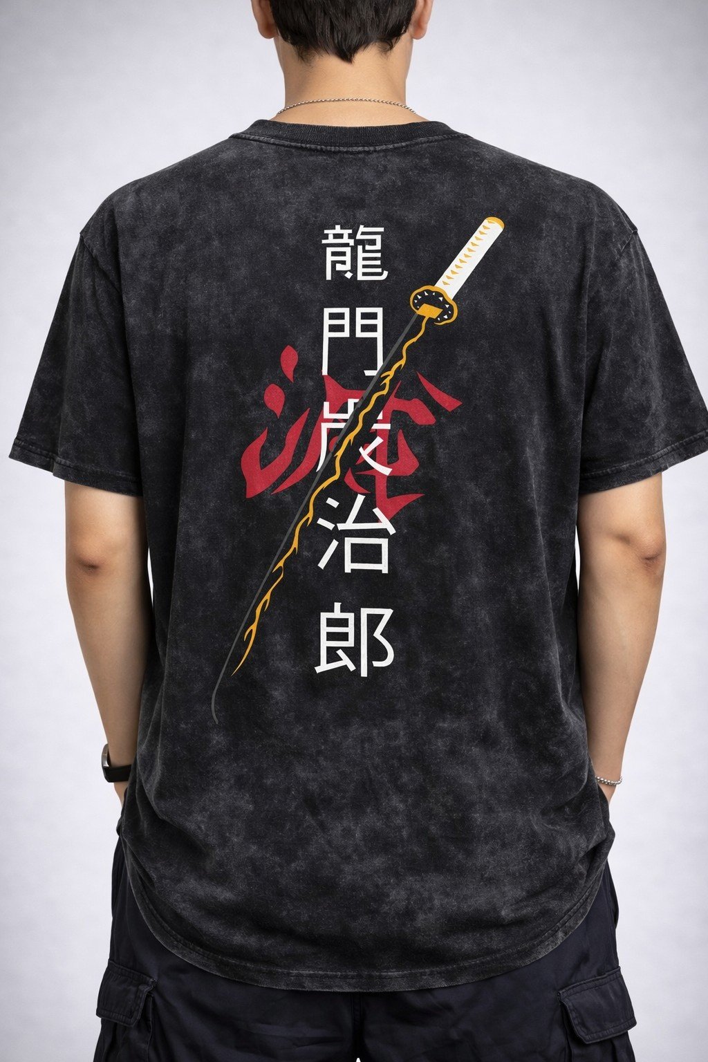 Men's Acid Wash T-shirt Dragon Katana Graphic