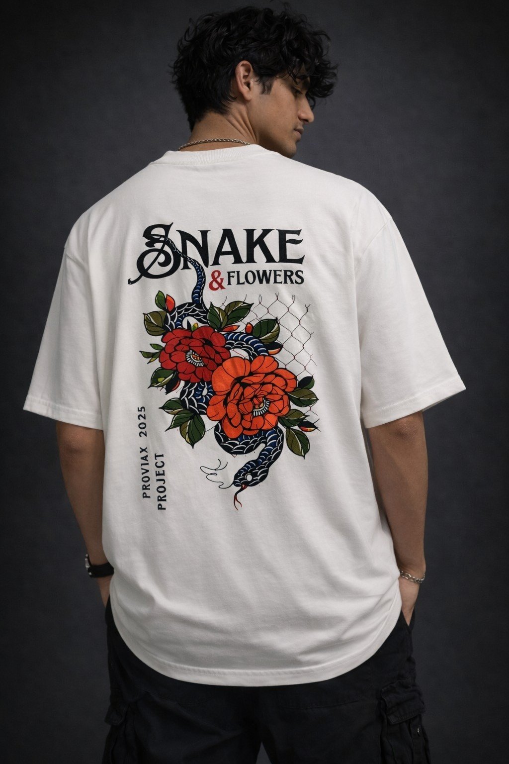 Men's Oversized Snake & Flowers Graphic T-Shirt