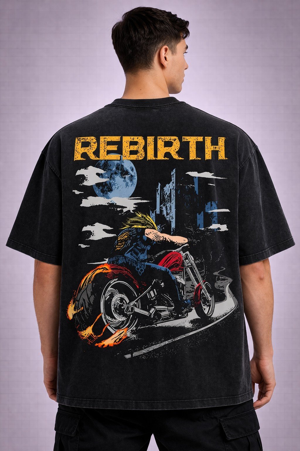 Men's Oversized Charcoal Rebirth Biker Graphic T-shirt