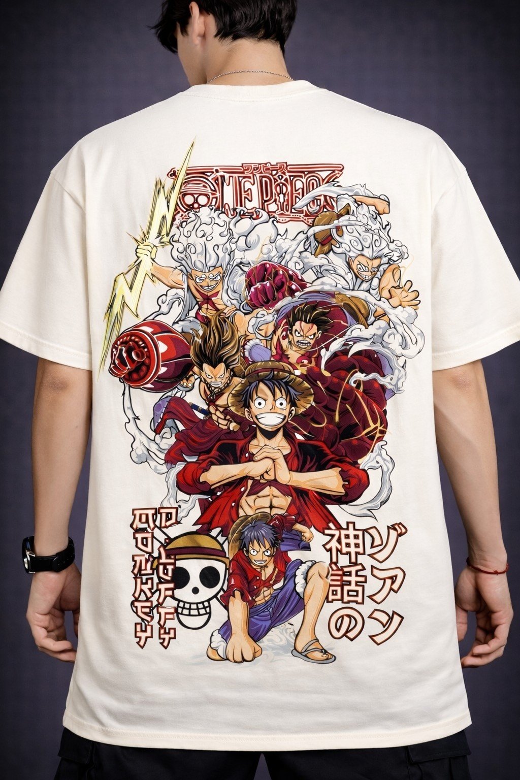 Men's Oversized Off-White One Piece Luffy Gear Anime Graphic T-shirt