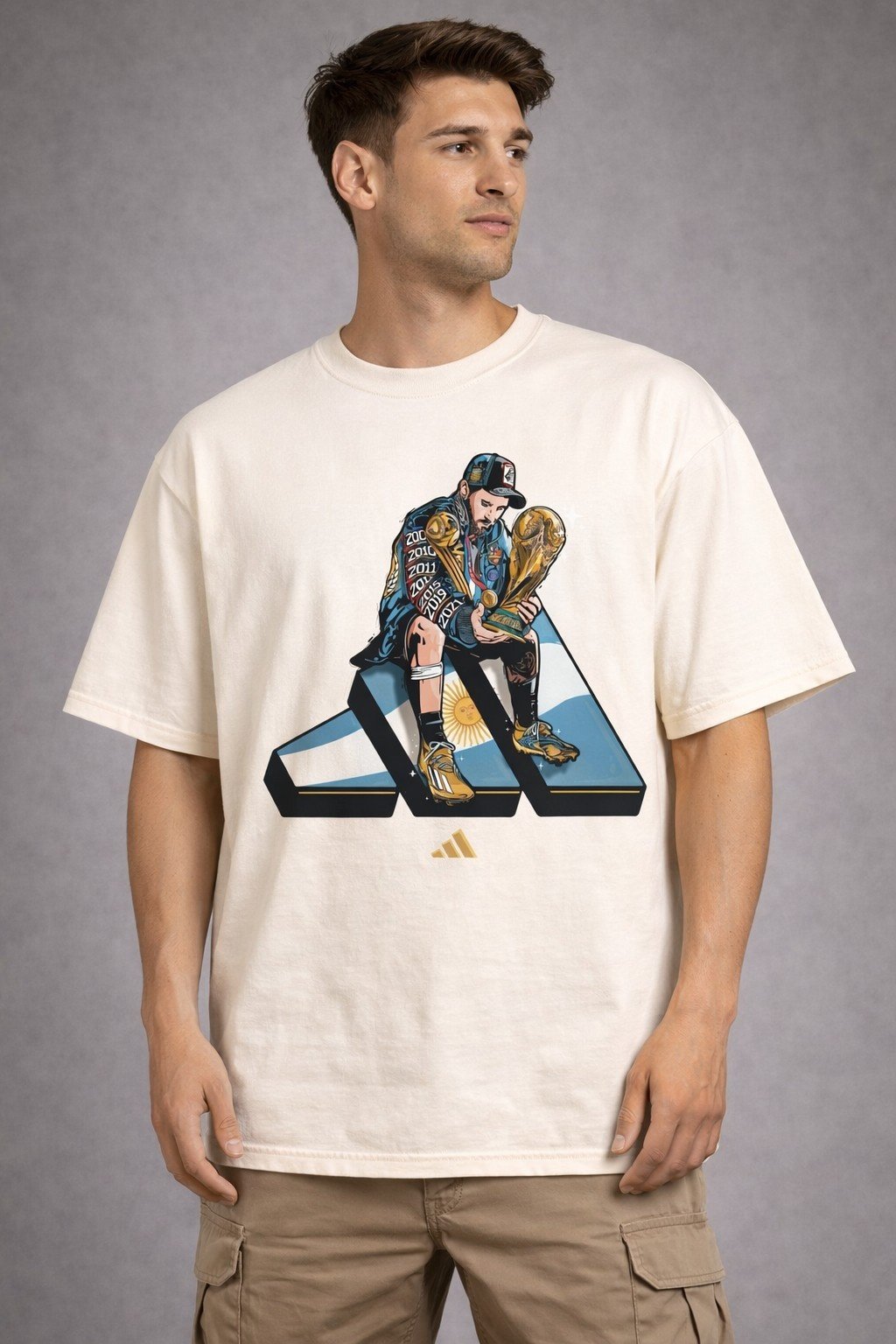 Men's Oversized Off-White Football Champion Messi Graphic T-shirt