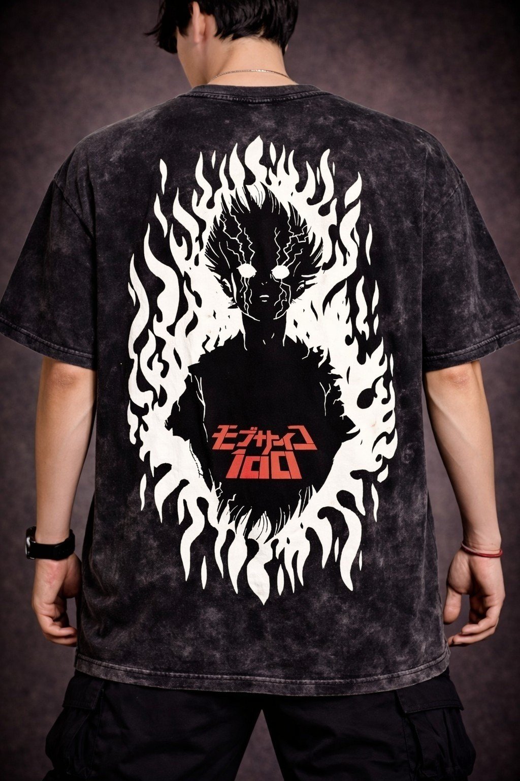Men's Oversized Black Acid Wash Flame Anime Graphic T-shirt