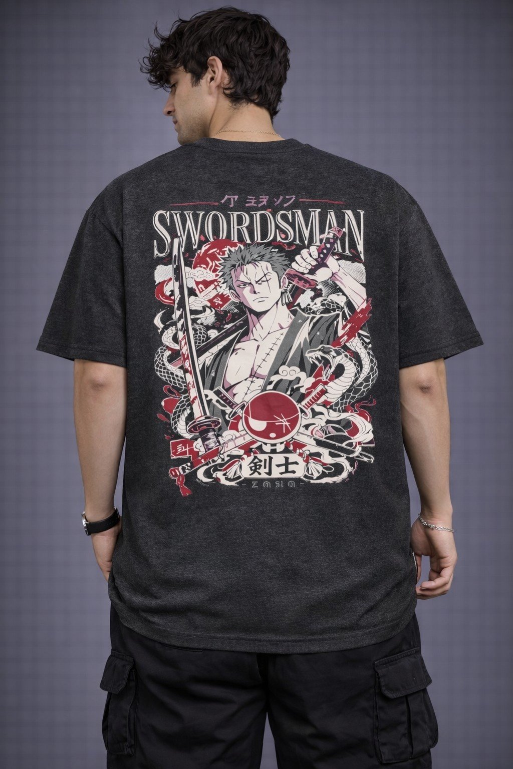 Men's Oversized Swordsman Anime Graphic T-Shirt