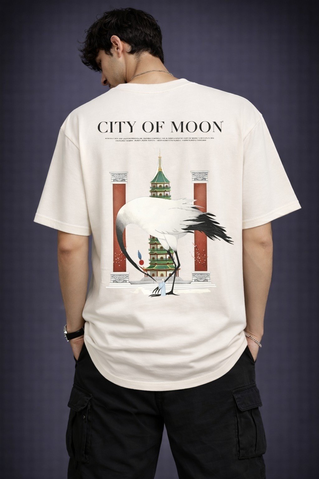 Men's Oversized Off-White City of Moon Japanese Crane Graphic T-shirt