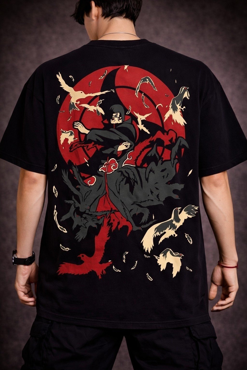 Men's Oversized Black Itachi Uchiha Crow Anime Graphic T-shirt