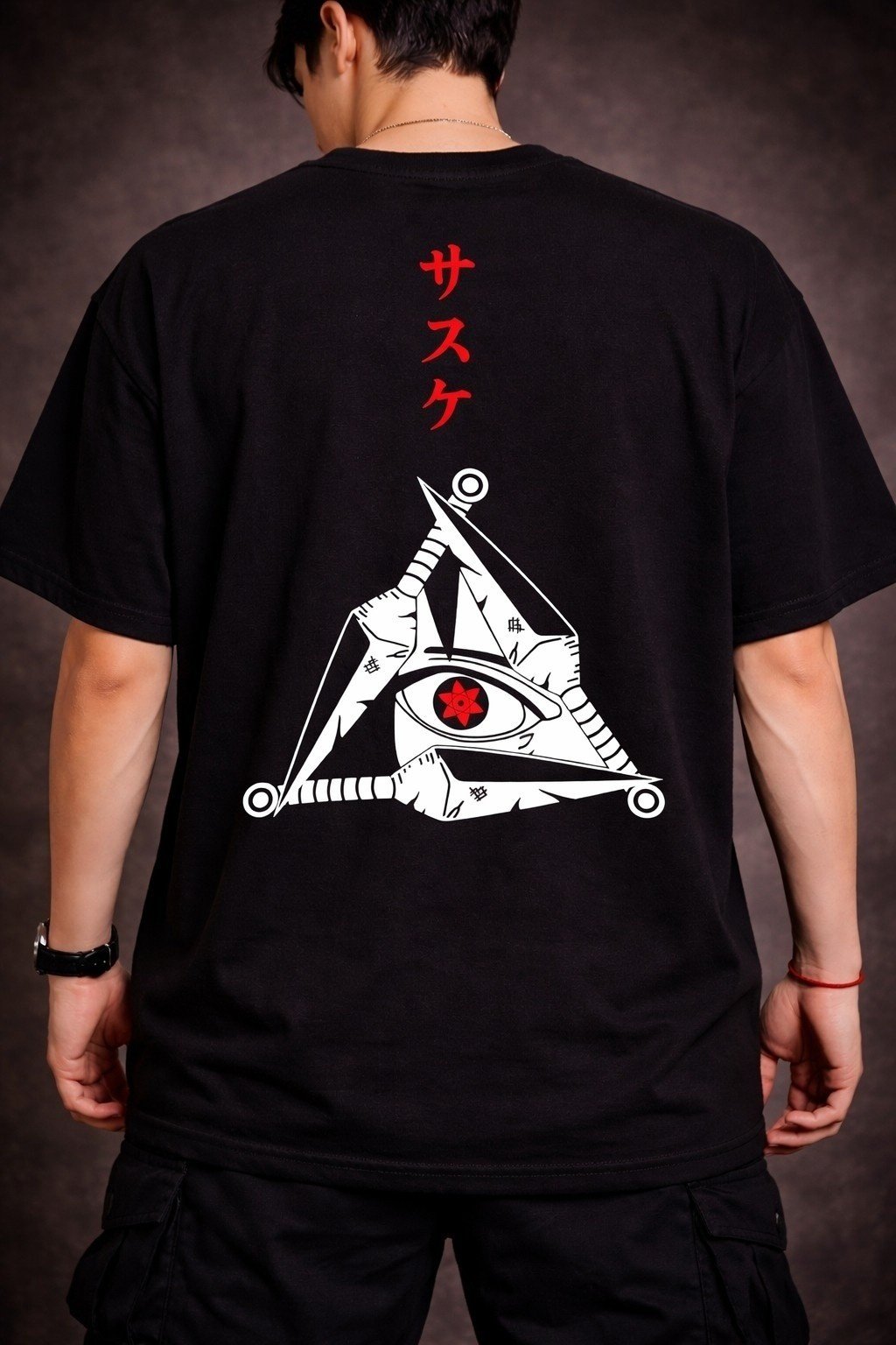 Men's Oversized Black Sasuke Sharingan Anime Graphic T-shirt