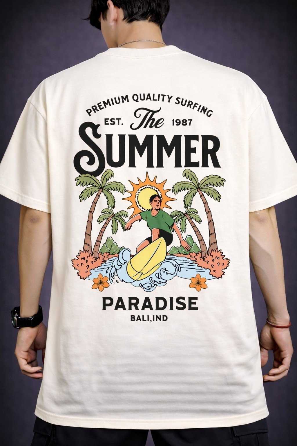 Men's Oversized Off-White Summer Paradise Surfing Graphic T-shirt