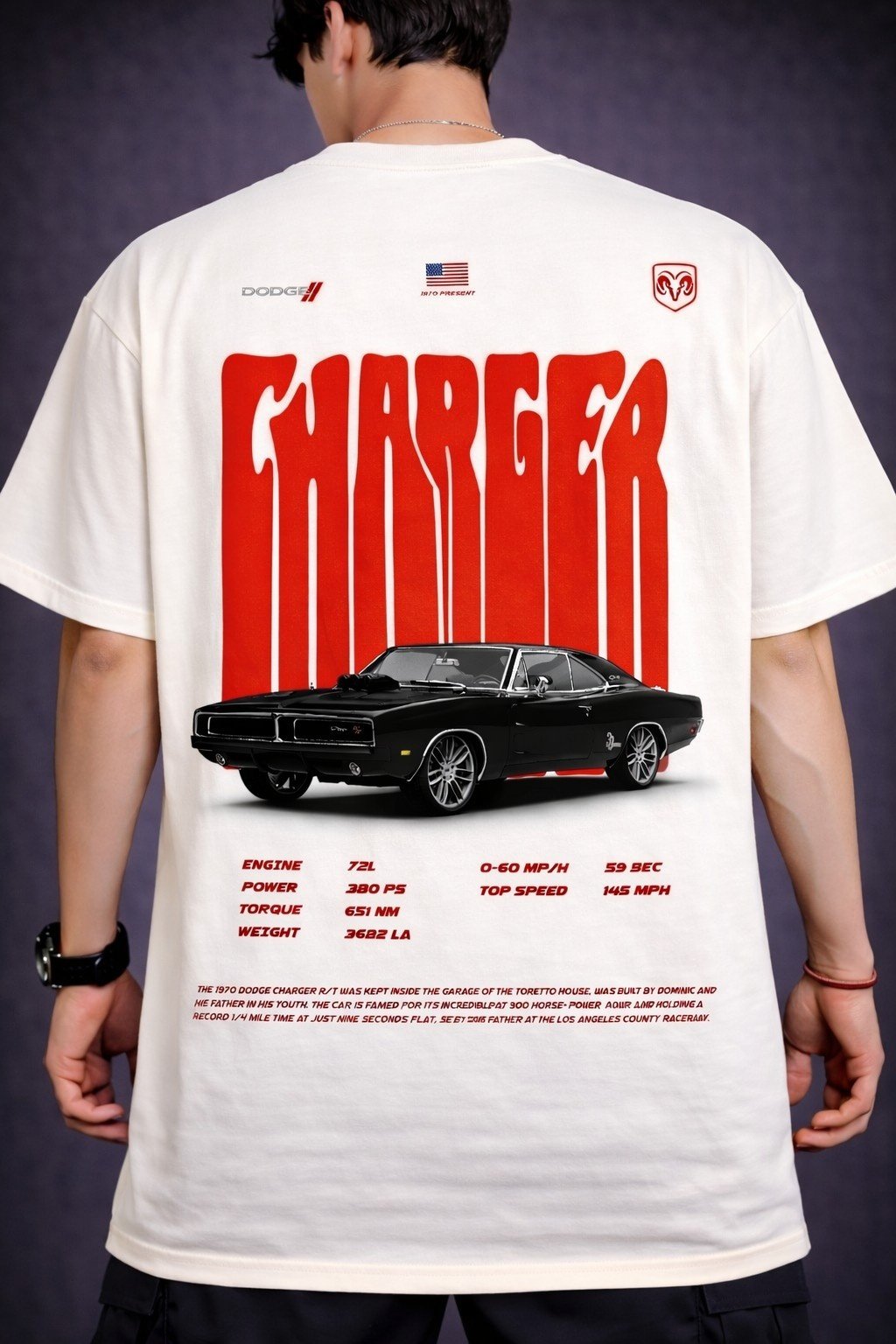 Men's Oversized Off-White Vintage Charger Muscle Car Graphic T-shirt
