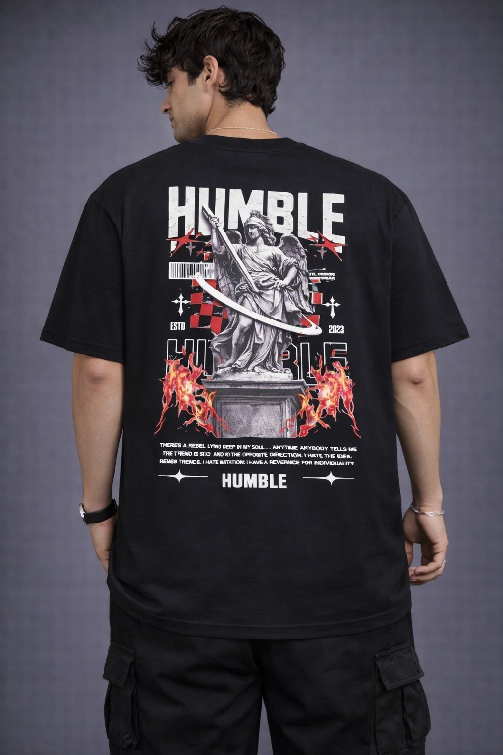 Men's Oversized Black Humble Statue Graphic T-shirt