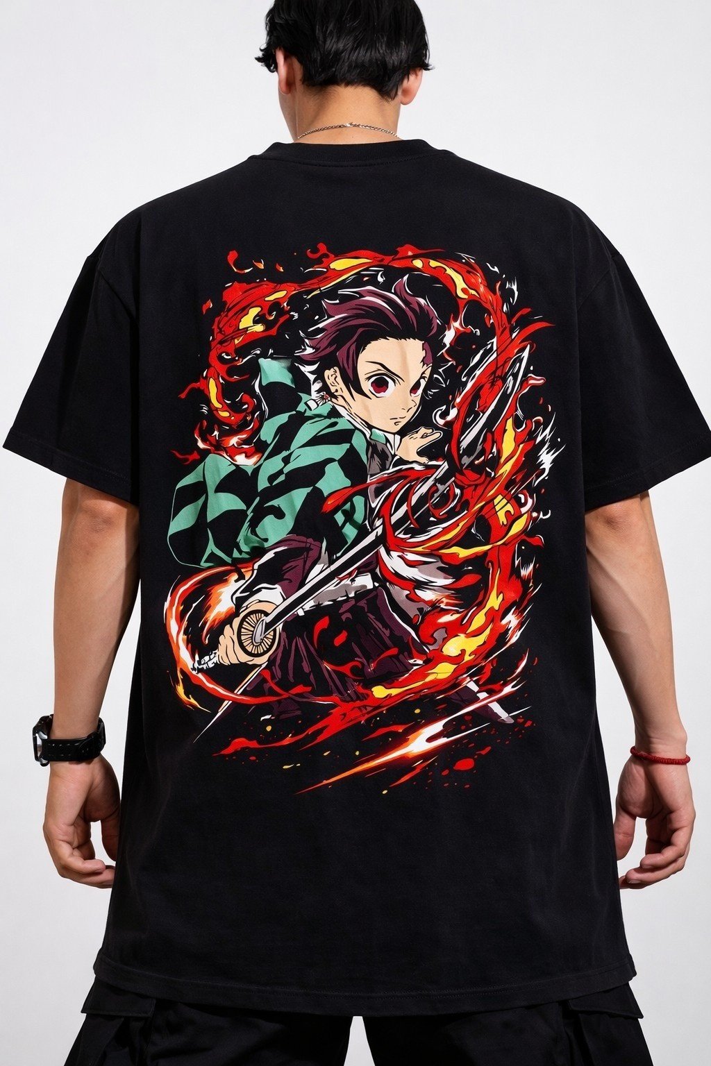 Men's Oversized Black Flame Slayer Anime Graphic T-shirt