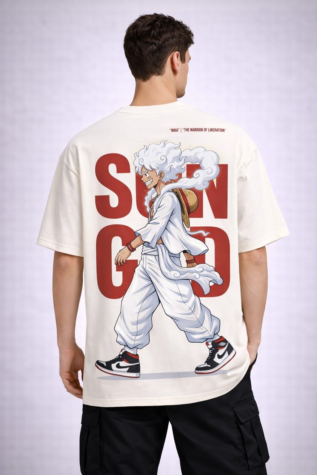 Men's Oversized Off-White Sun God Anime Graphic T-shirt
