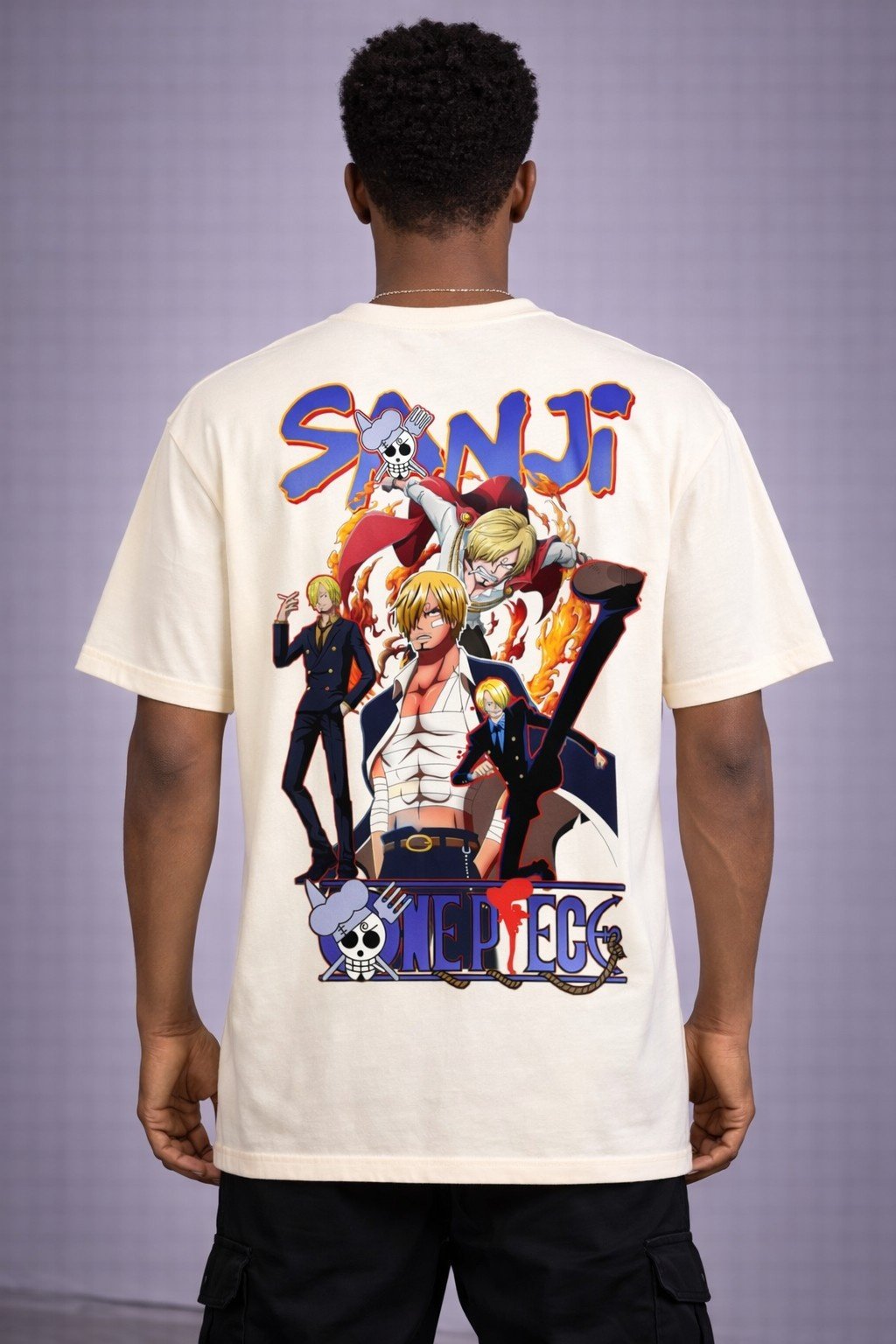 Men's Oversized Off-White Anime Fire Chef Graphic T-shirt