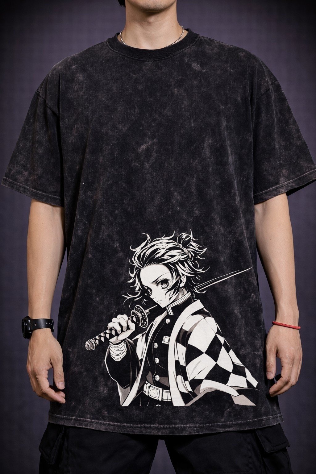 Men's Oversized Black Acid Wash Tanjiro Anime Graphic T-shirt
