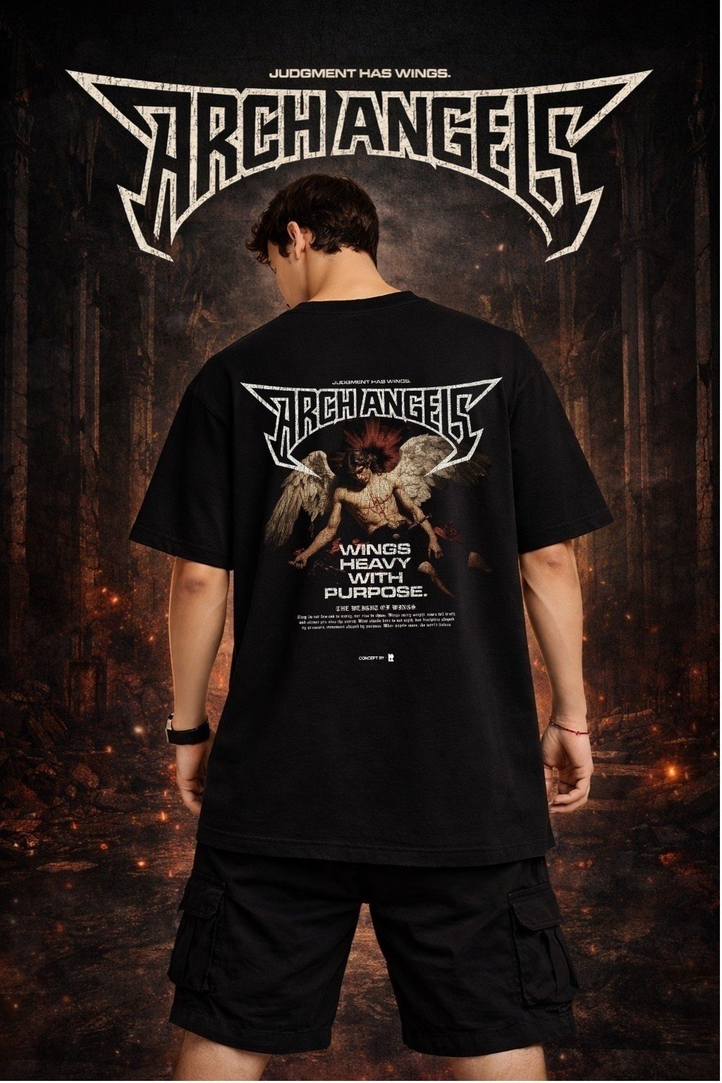 Men's Oversized Black Archangels Wings Graphic T-shirt