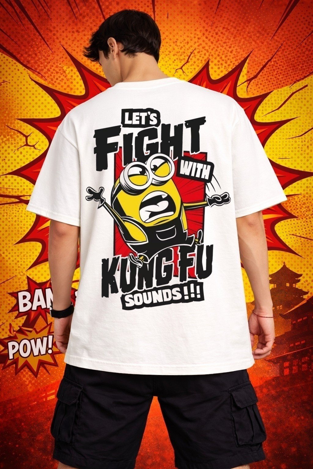 Men's Oversized Off-White Cartoon Kung Fu Graphic T-shirt