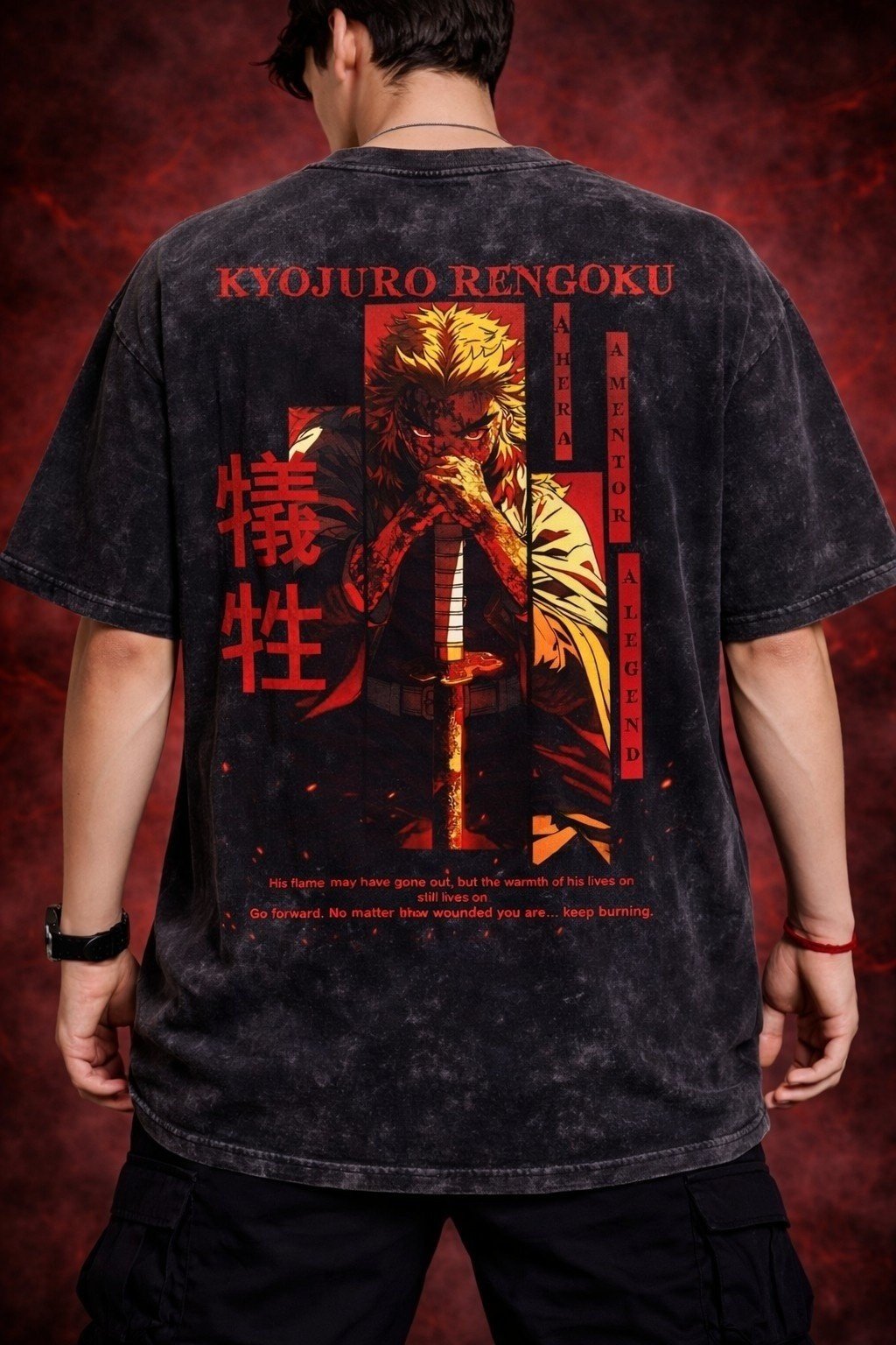 Men's Acid Wash T-shirt Flame Warrior Graphic