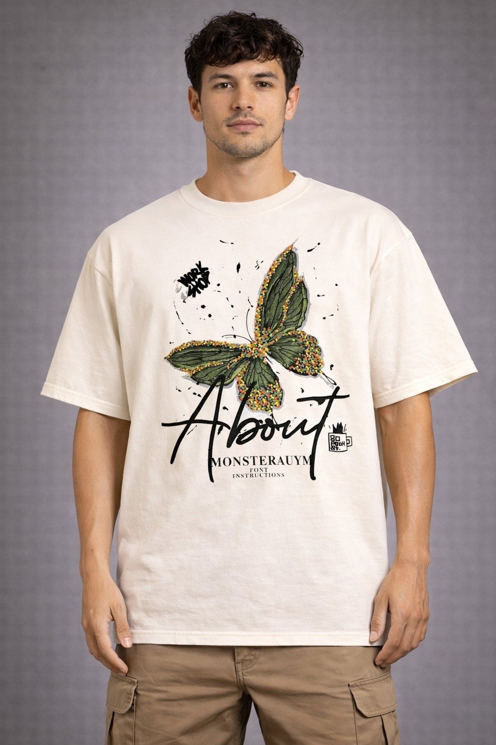 Men's Oversized Off-White Abstract Butterfly Graphic T-shirt