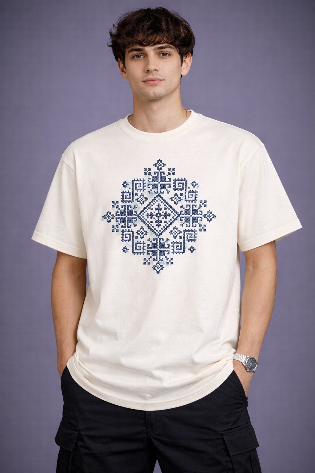 Men's Oversized Off-White Nordic Pattern Graphic T-shirt