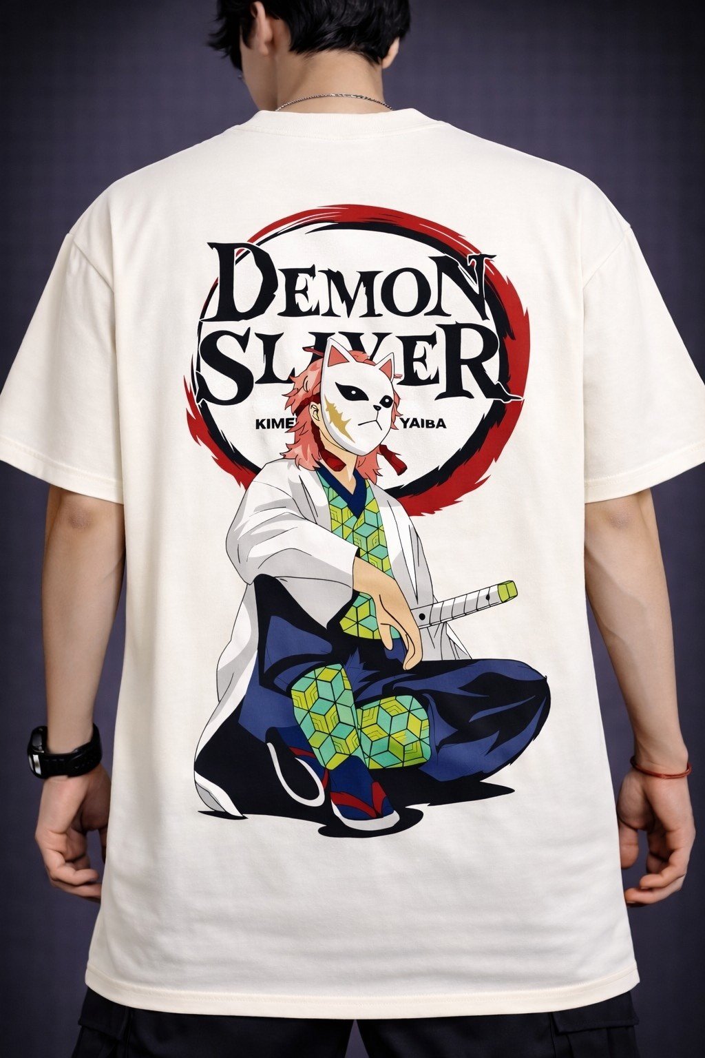 Men's Oversized Off-White Demon Slayer Anime Graphic T-shirt