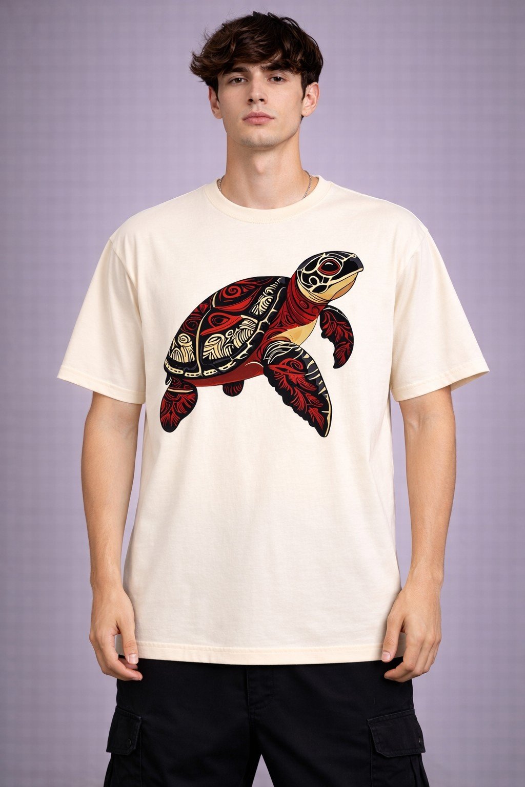 Men's Oversized Off-White Sea Turtle Graphic T-shirt