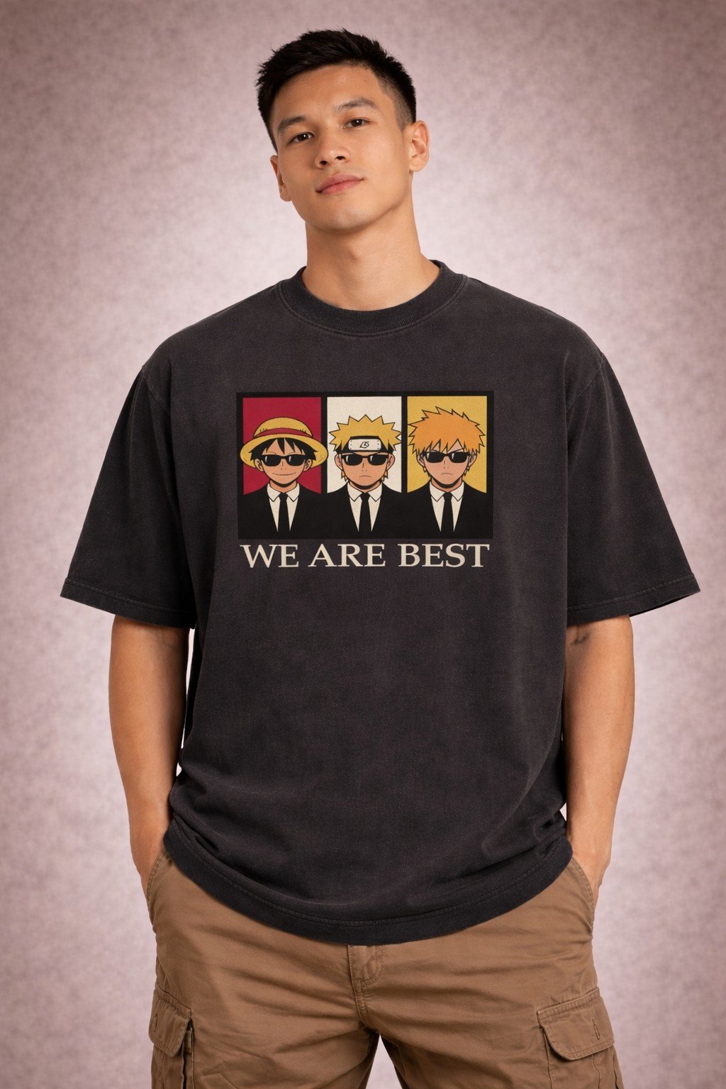 Men's Oversized Charcoal Anime Squad Graphic T-shirt