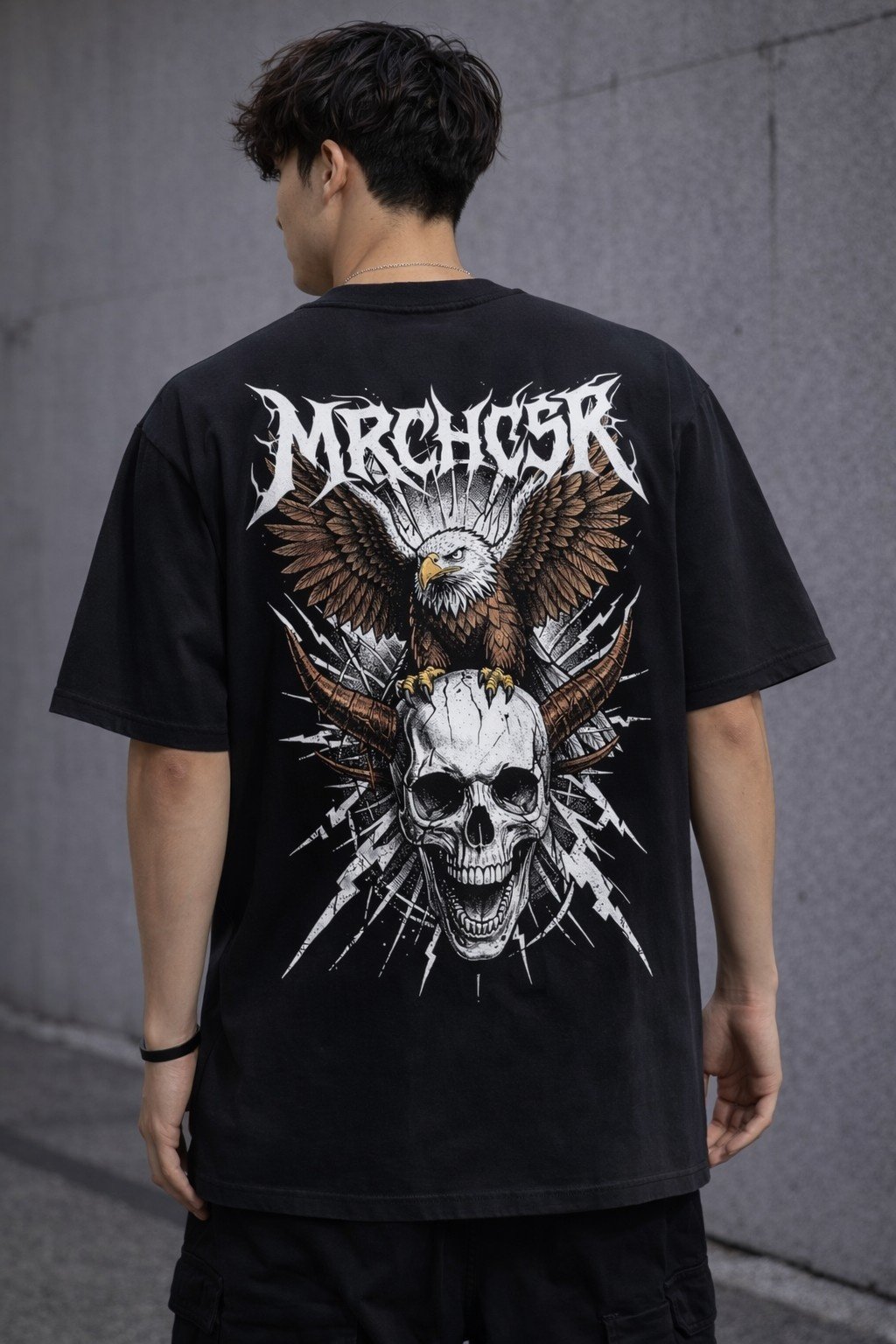 Men's Oversized Black Mercier Skull Eagle Graphic T-shirt