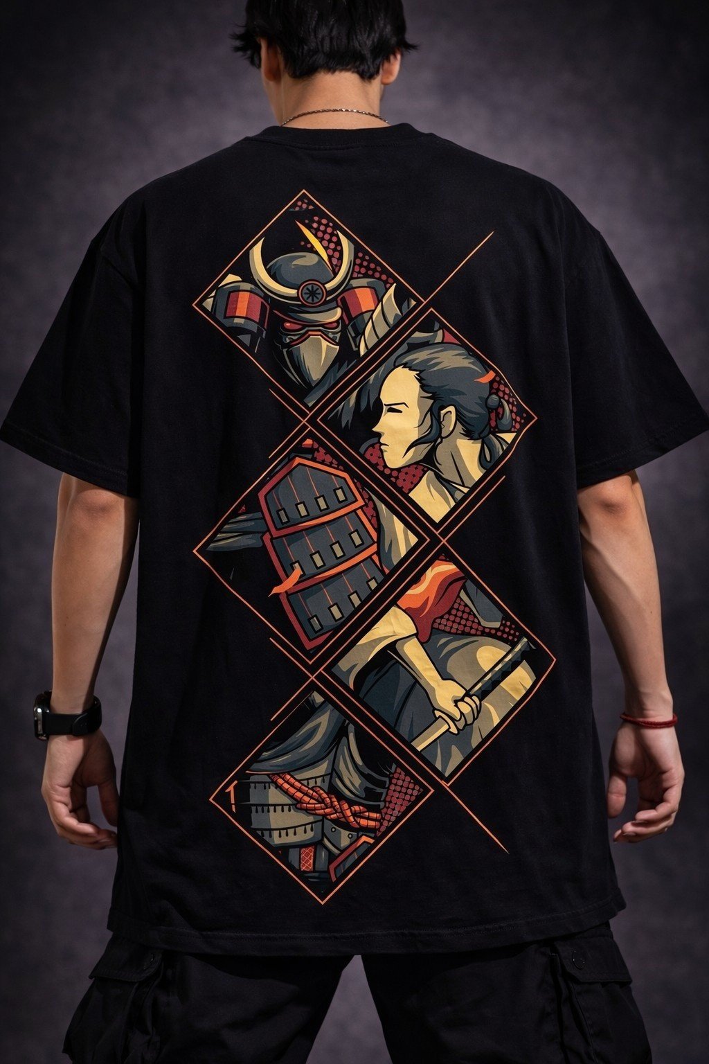 Men's Oversized Black Samurai Panel Graphic T-shirt
