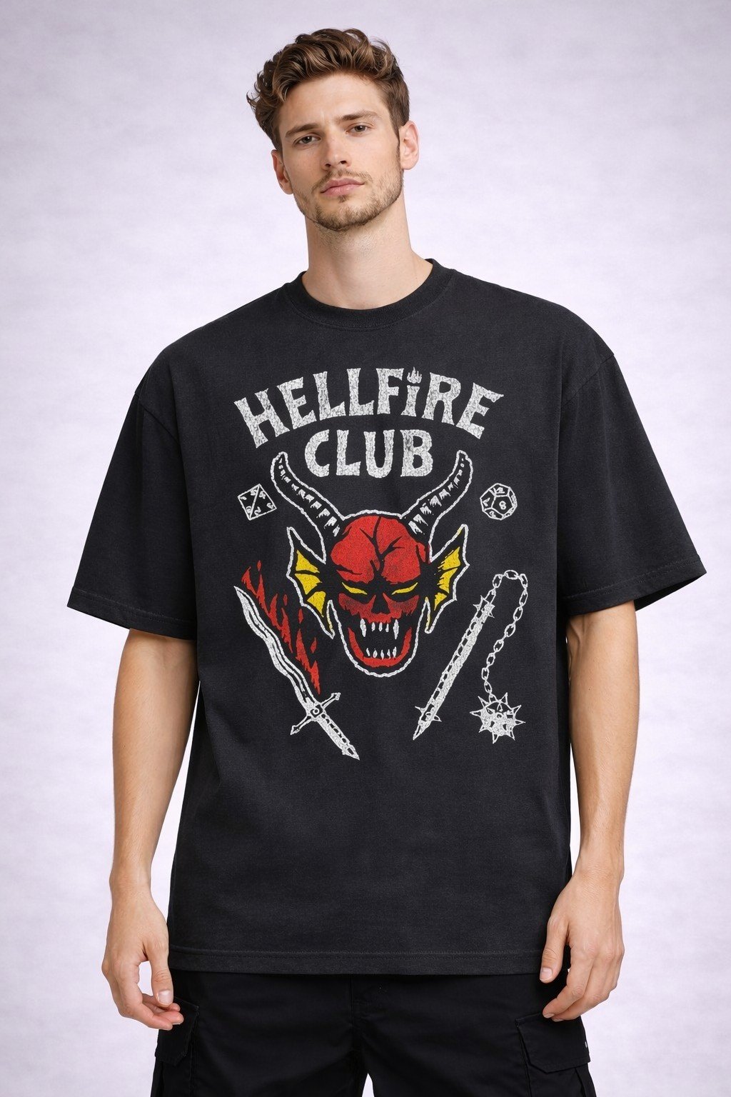 Men's Oversized Black Hellfire Club Graphic T-shirt