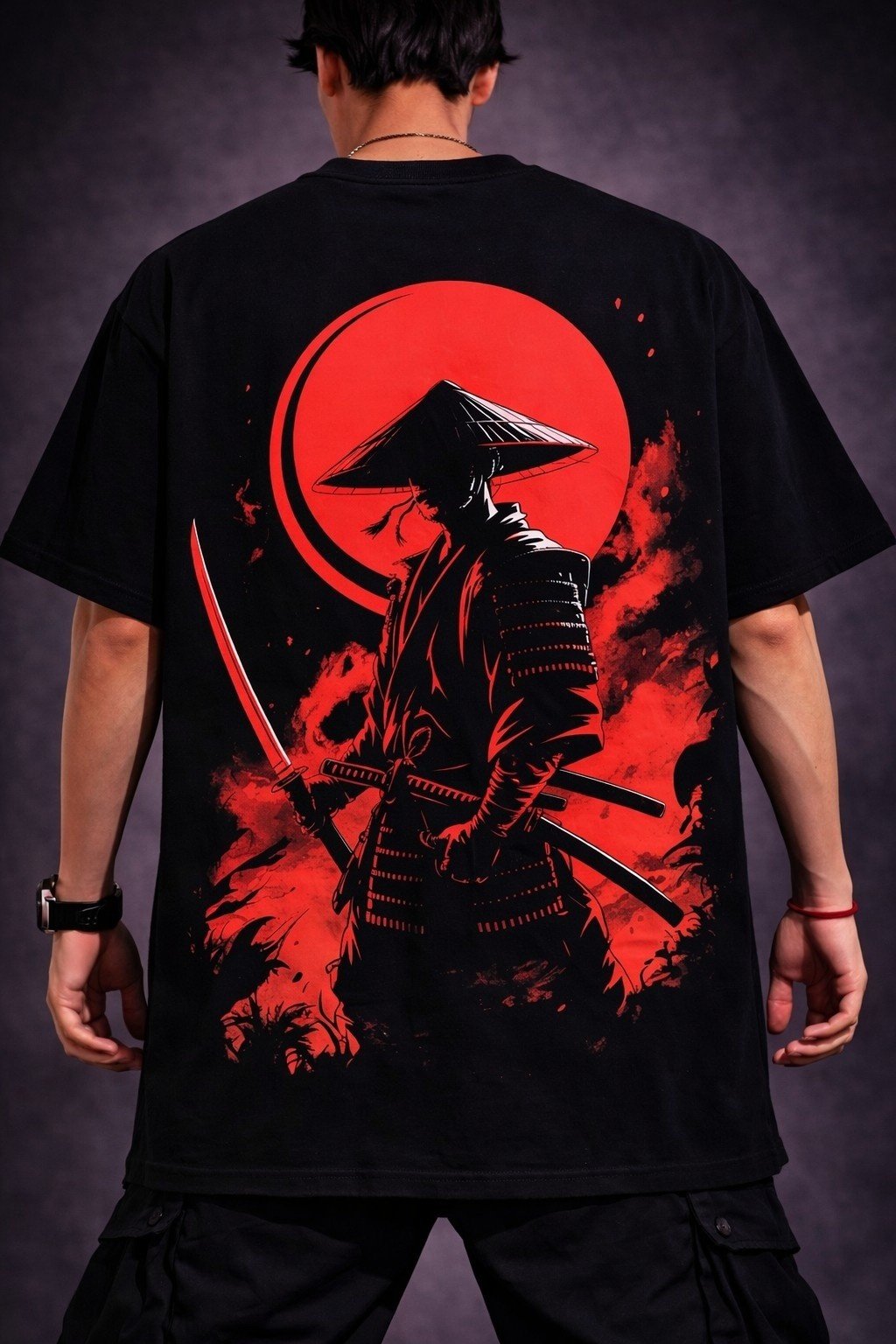 Men's Oversized Black Samurai Red Sun Graphic T-shirt