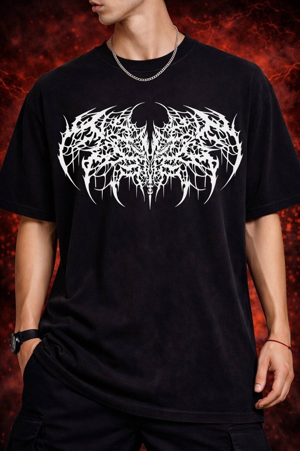 Men's Oversized Black Gothic Bone Sigil Graphic T-shirt