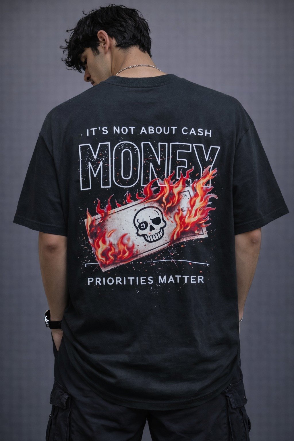 Men's Oversized Black Money Priorities Graphic T-shirt