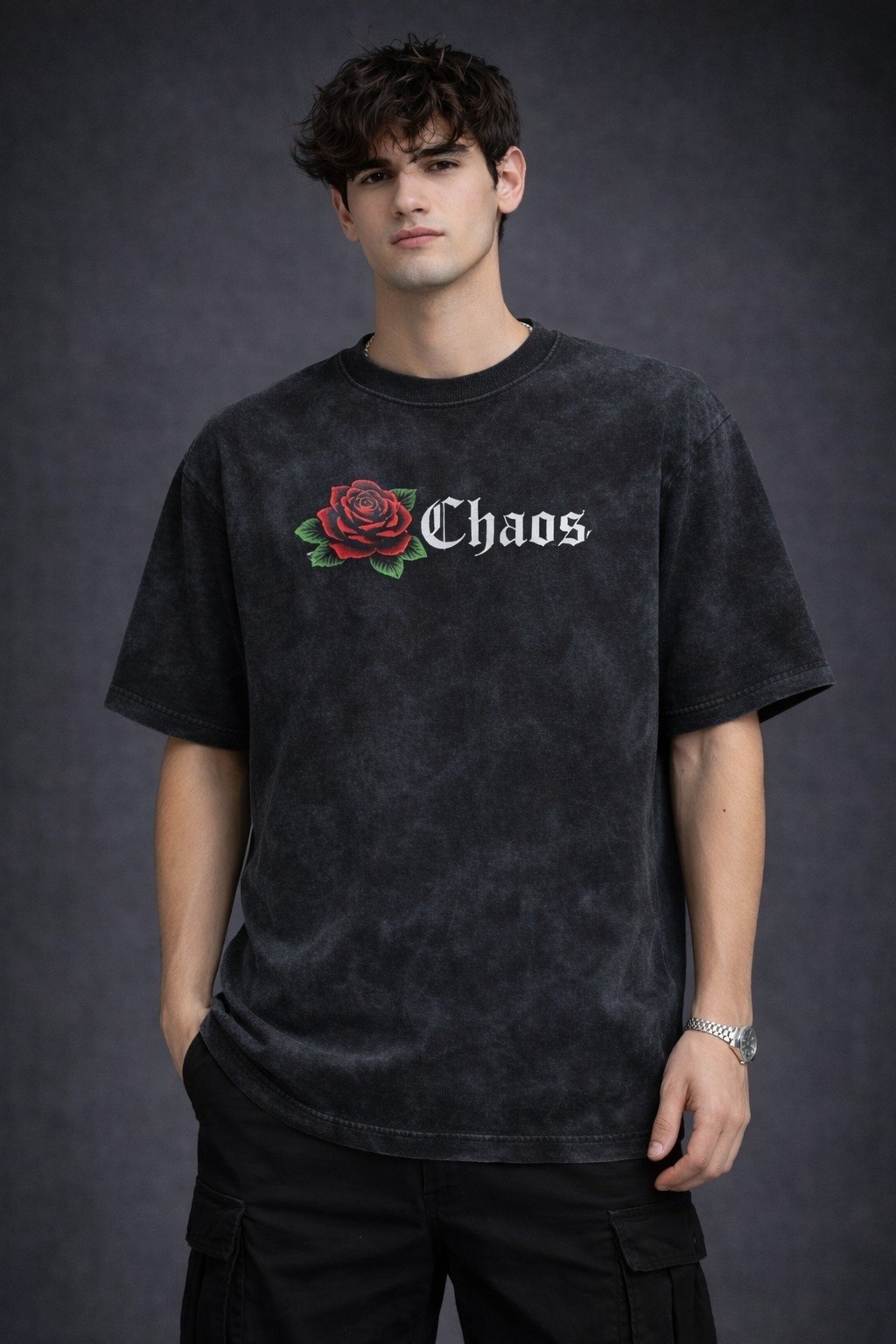 Men's Oversized Charcoal Acid Wash Chaos Graphic T-shirt