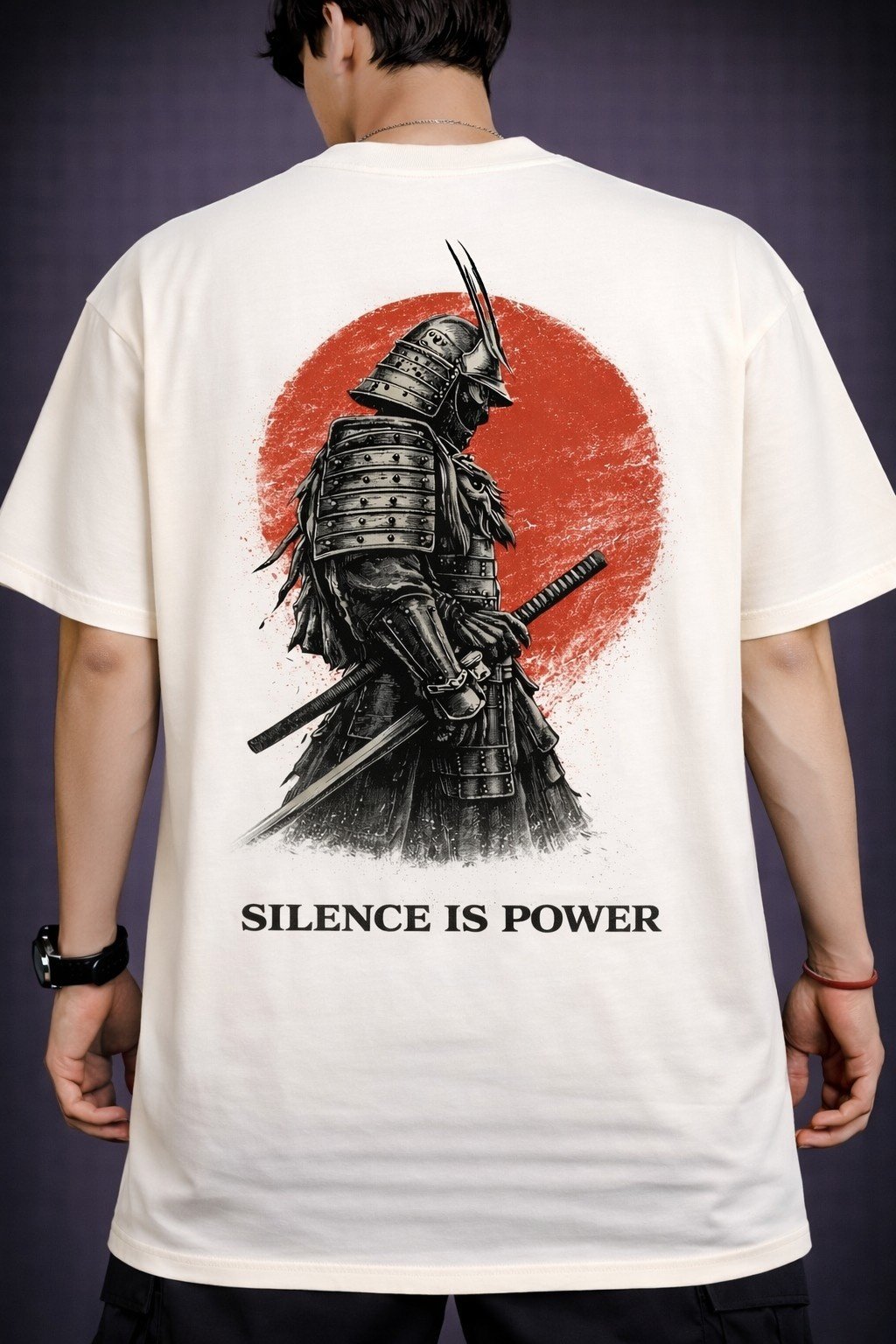 Men's Oversized Off-White Silence Is Power Samurai Graphic T-shirt