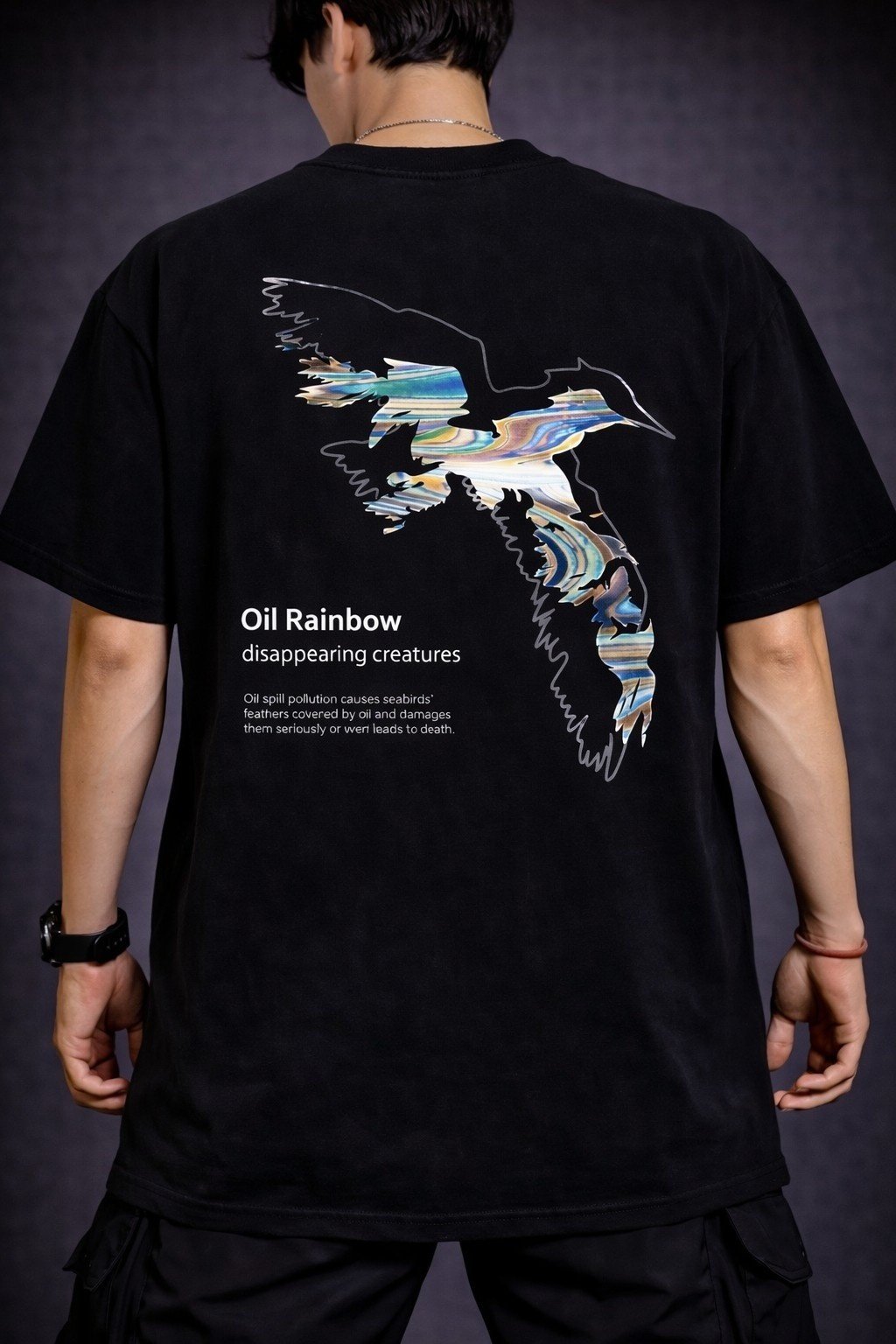 Men's Oversized Black Oil Rainbow Graphic T-shirt