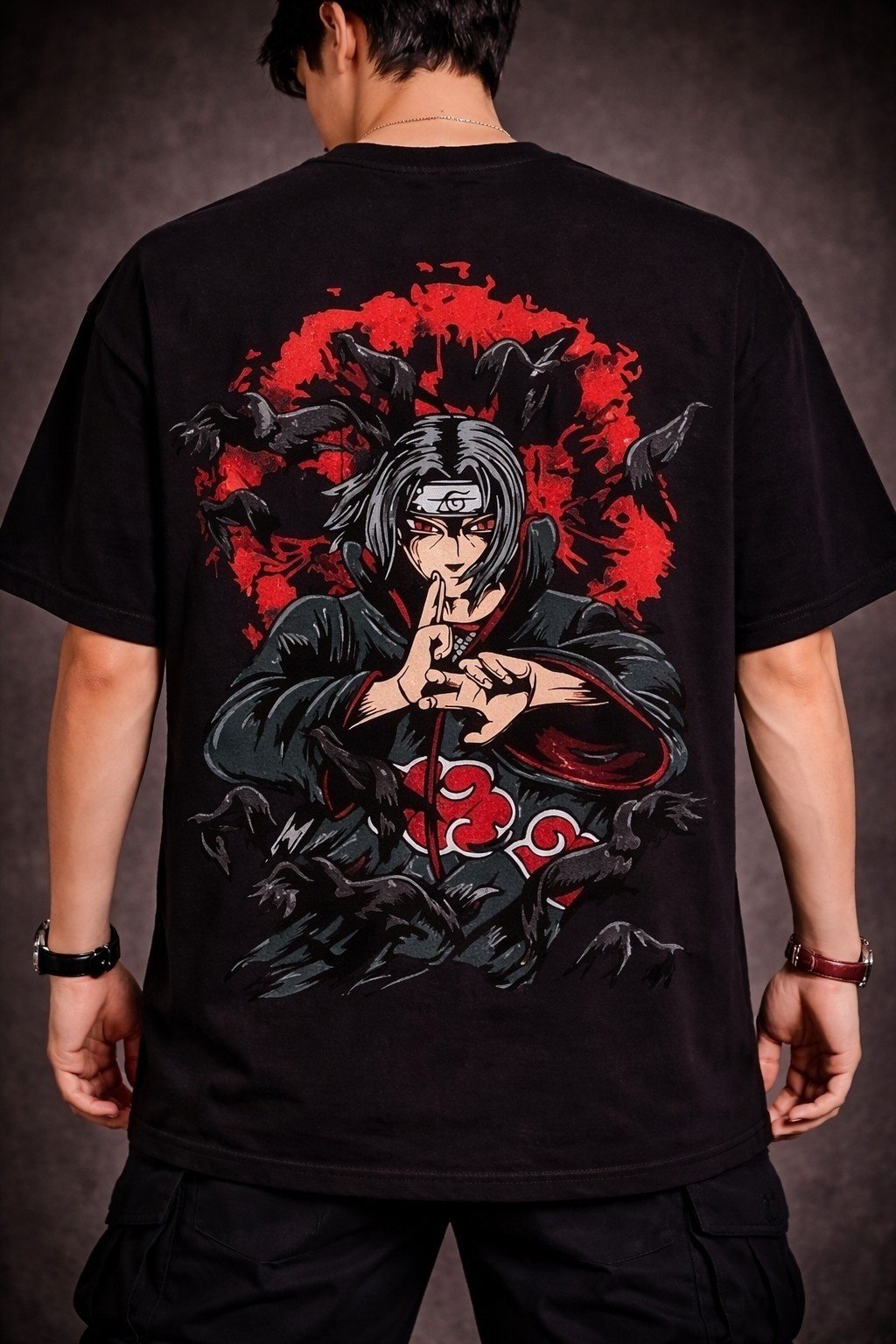Men's Oversized Black Shadow Crow Ninja Anime Graphic T-shirt