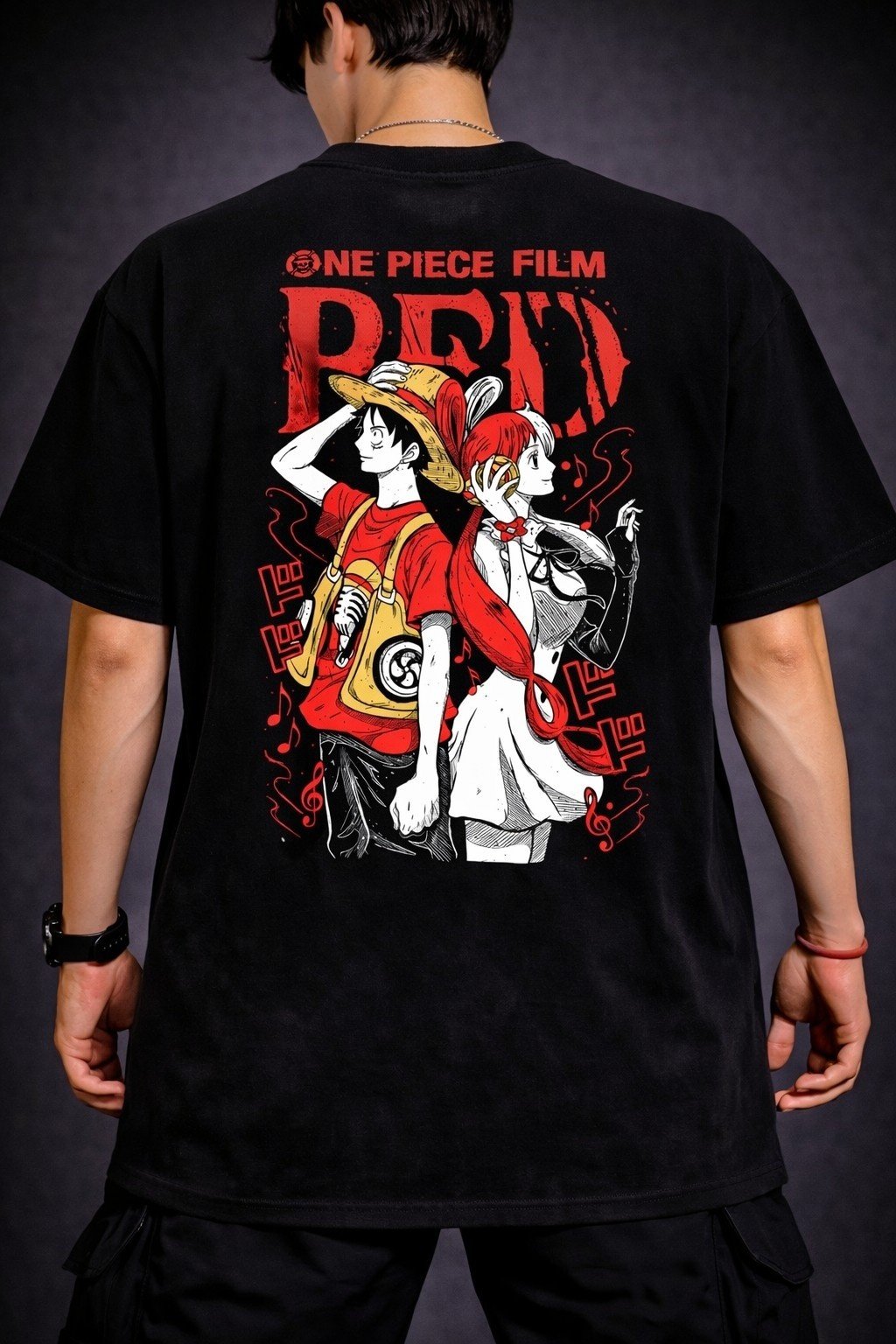 Men's Oversized Black One Piece Red Anime Graphic T-shirt