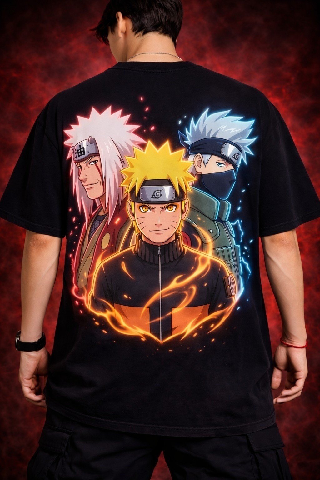 Men's Oversized Black Naruto Legacy Anime Graphic T-shirt