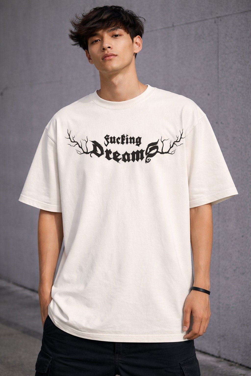 Men's Oversized Off-White Gothic Typography Graphic T-shirt
